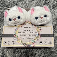 Pink Sky Cozy Cat Heated Slippers Battery Powered White New In Box