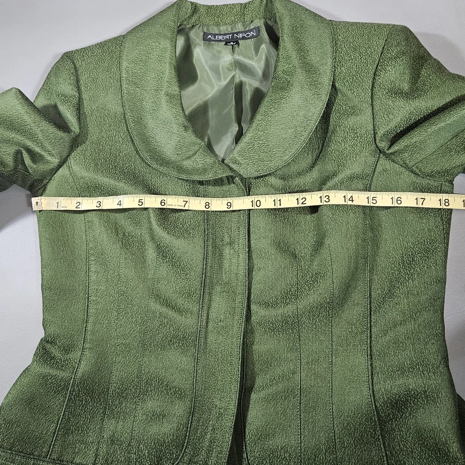 Albert Nipon 2pc Skirt Suit 8 Women's Wool Silk Green Peter Pan Collar Jackie - Image 4 of 4