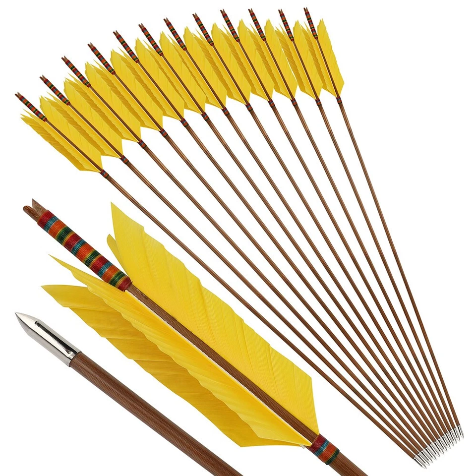 6/12Pcs Bamboo Arrows 33" Flu Flu Feathers Longbow Recurve Bow Archery Hunting - Image 4 of 4