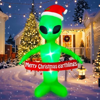 6 FT Christmas Inflatables Alien with Merry Christmas Earthlings Banner Decor...