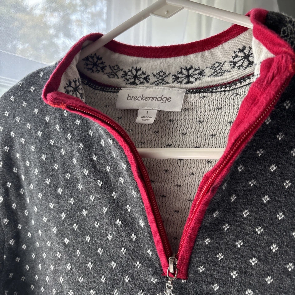 Breckenridge Ladies Size L Sweater 3/4 Zip Gray Red White Pattern Snowflakes  - Image 4 of 4