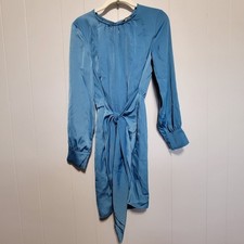 Chic Long Sleeve Blue Mini Dress With Wrap Tie