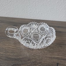 Vintage Cut Crystal Glass Handled Nappy Dish Starburst Sawtooth Candy Bowl