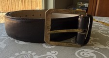 Vintage PARIS Black Leather Belt 34 with Solid Brass Removable Buckle 341005 2-1