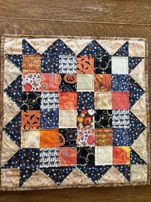 Fall Halloween Pumpkins Cats Stars Orange Black  Quilted Table Topper Handmade