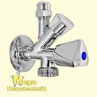 Kombi-Eckventil 3/8" AG Wandanschluß selbstdichtend +Rosette + 3/4" Außengewinde