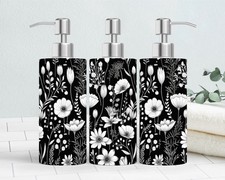 Stainless Steel Soap Dispenser Black White Wildflower Floral Design 18.6oz