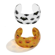 2PCS Halloween Chunky Pumpkin Bangle Set for Women Holiday Pumpkin Bat Cuff Brac