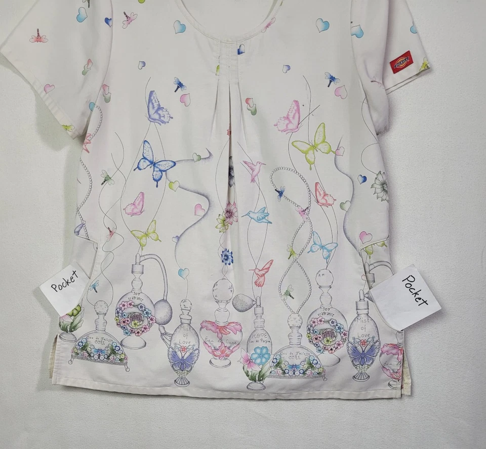 Dickies Women's Scrub Top Size M Floral Perfume Bottle Print Shirt White Nurse - Image 3 of 4