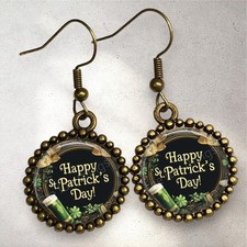 Happy St Patrick's Day Earrings Bronze Dangle Handmade Irish Fashion Jewelry