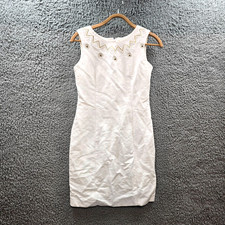 Vintage Anthea Crawford Womens Pencil Mini Dress Size 8 White Beige Embroidered