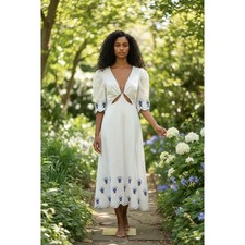 FARM Rio Sea of Fish Ankle Dress NWOT SZ Small Off-White Blue Embroidered Cutout
