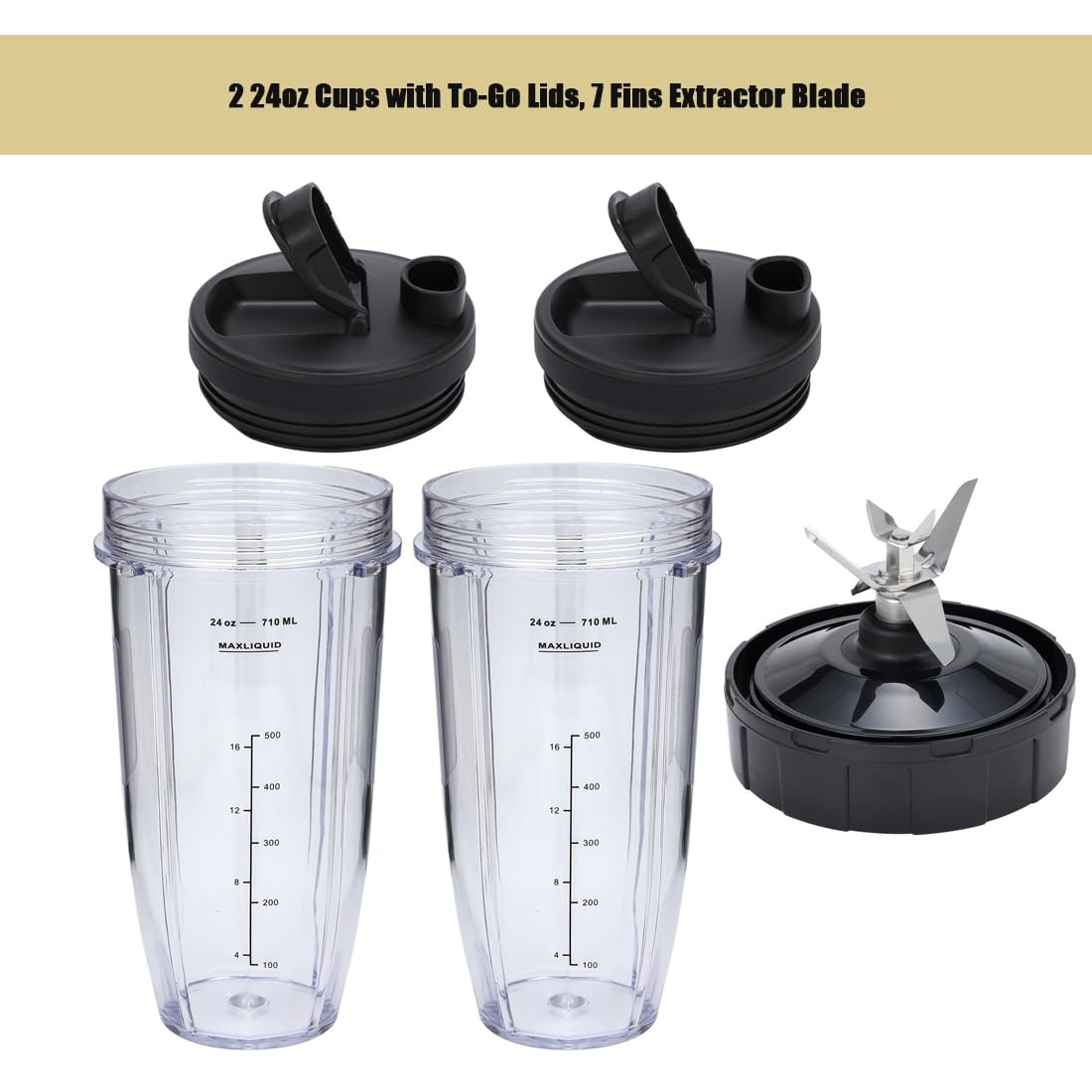 24oz Blender Cups and 7 Fins Blade for Ninja Nutri BN401, BN400, BN801, BN800...