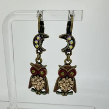 Kirks Folly Crescent Moon And Owl Pave Crystal  Leverback Dangle Earrings