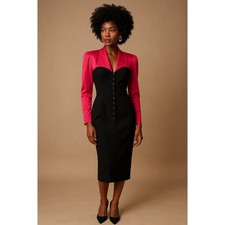 Vintage French Couture black Wool & pink Satin Midi Dress Boutique Paris France 