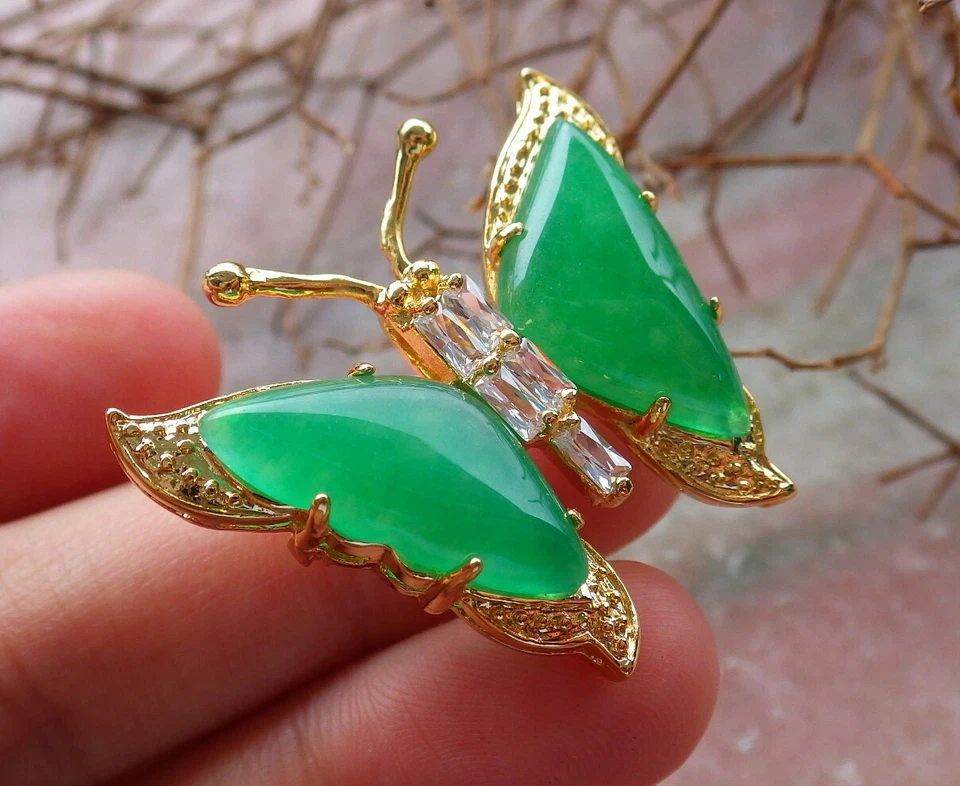 Broche broche mariposa JADE verde placa oro amarillo imitación diamante 300241 Foto 4 de 4