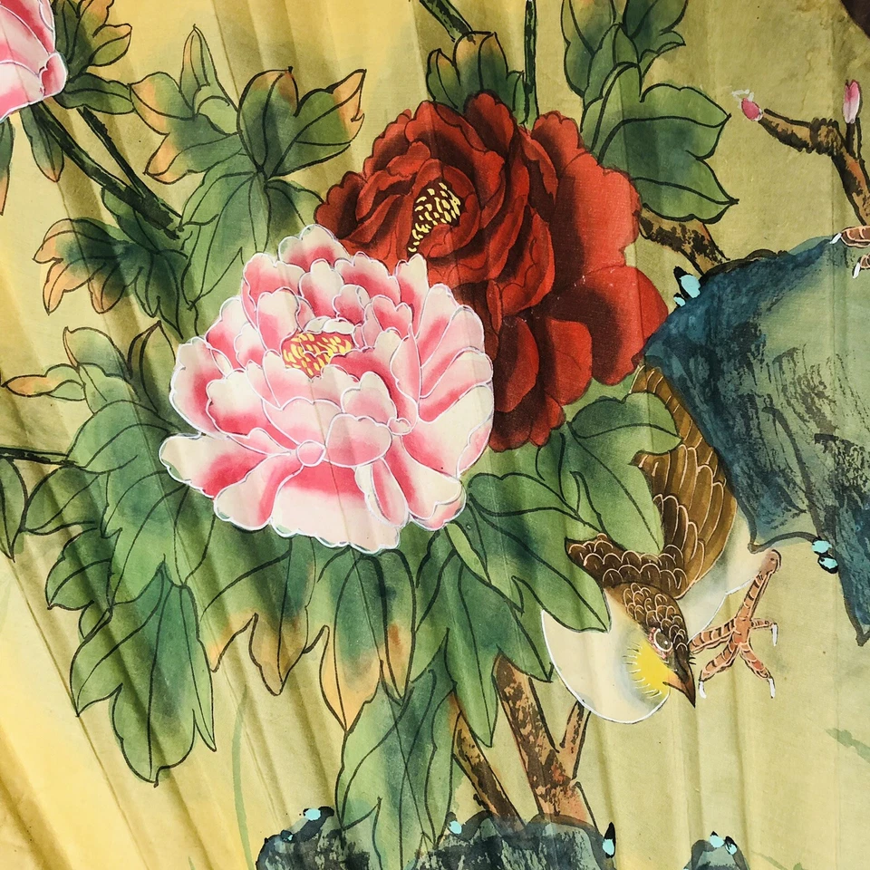 ENORME 62” Ventilador Dobrável Chinês Pintado à Mão Papel de Arroz Faisão Rosa Vermelha Floral - Imagem 3 de 4