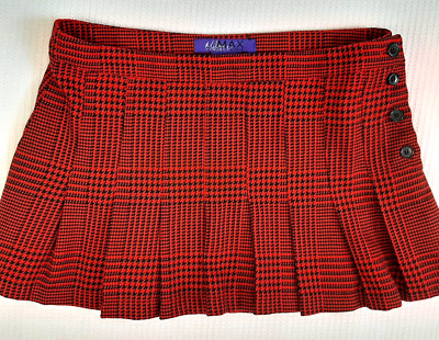Y2K Miley Cyrus Junior Sz 9 Mini Skirt Houndstooth Plaid Pleated Lined Red Black