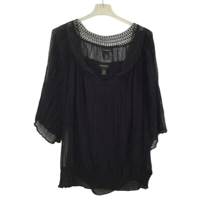 Lane Bryant Womens 22/24 Black Semi Sheer Blouse Lined 3/4 Sleeves Scoop Neck