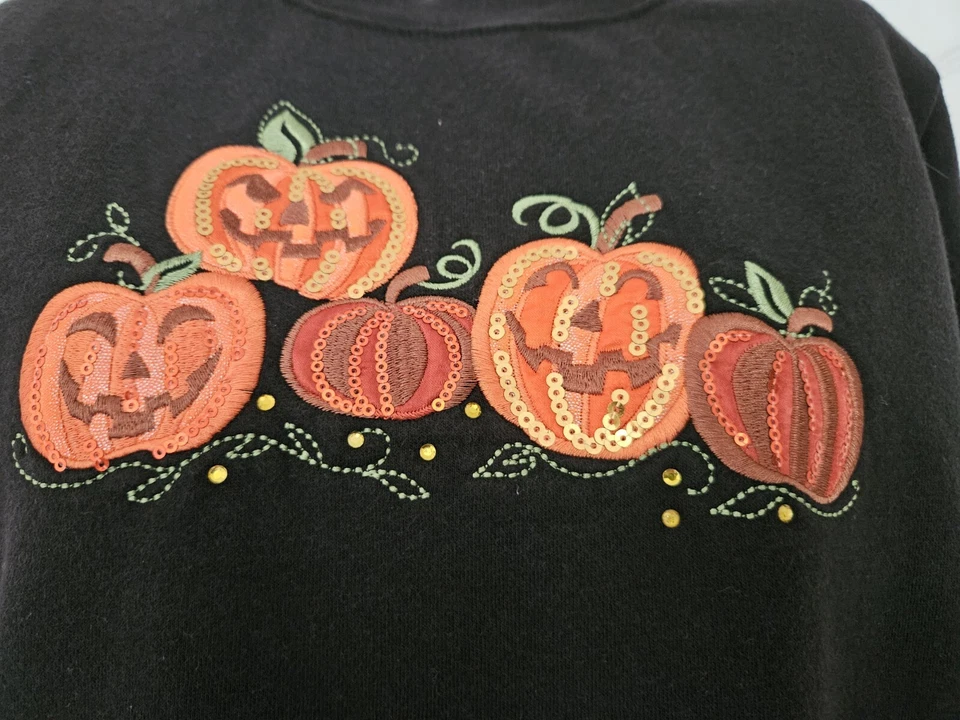 Sudadera con lentejuelas bordadas calabazas gato Halloween edición navideña talla mediana Foto 3 de 4