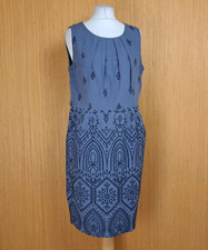 MAINE Shift Dress Light Blue Geometric UK 12 Pleated Round Neck Pencil