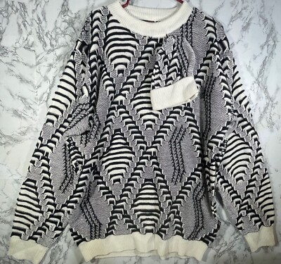 FNF 2000+ L Geometric Knit Sweater Black & White Acrylic Patterned with beanie
