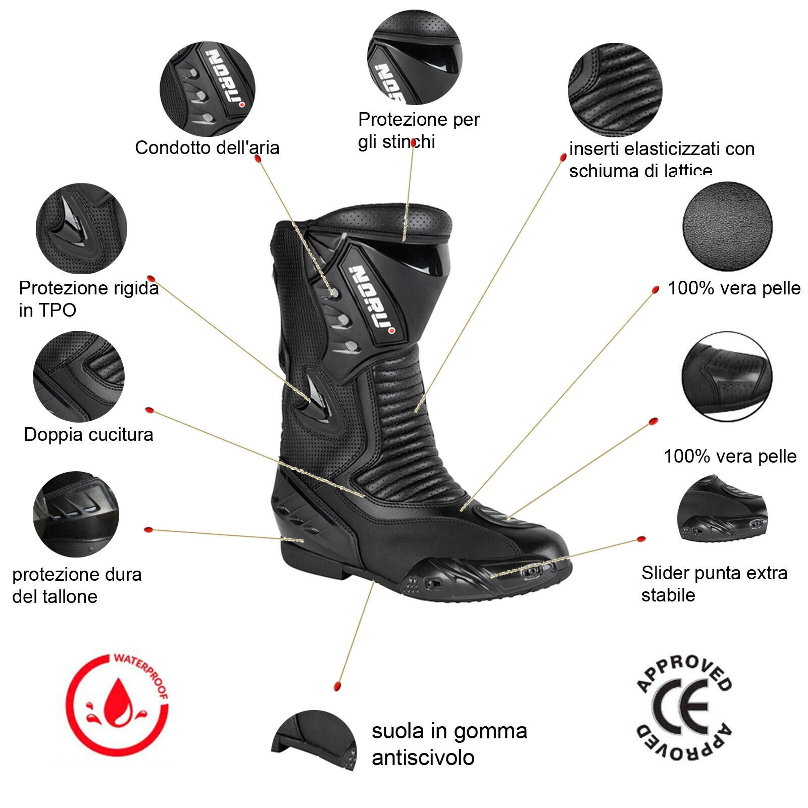 Scarpa Moto Impermeabile Scarpette Calzature Scooter Stivale Tecnico Pelle Nera