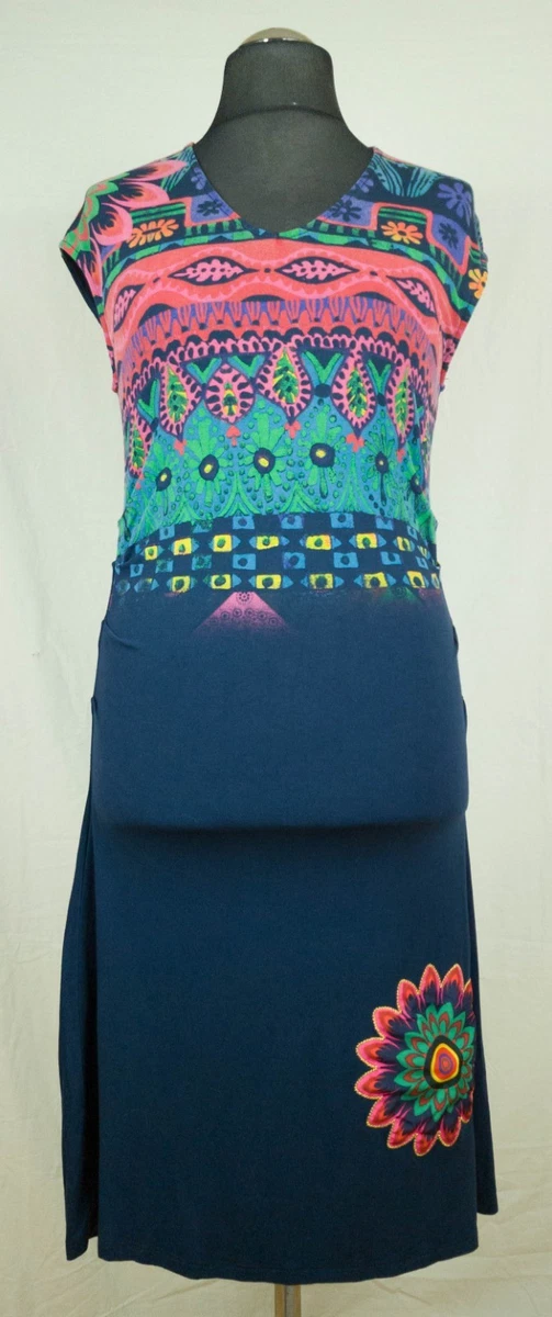 Robe DESIGUAL femme M/L motifs colorés noir manches 3/4 très bon état - Vêtements
