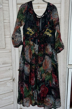 Vtg Bila Of California  Floral Multicolor Rayon Dress Boho Sheer 3/4 Sleeve M