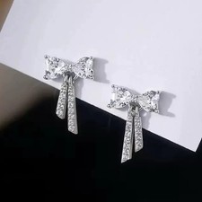 1TCW Heart Lab Created Diamond Girls Gift Bow Stud Earring 14k White Gold Plated