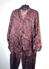 Halston 2 Piece Satin Paisley Pajamas Lounge Set Size M Burgundy