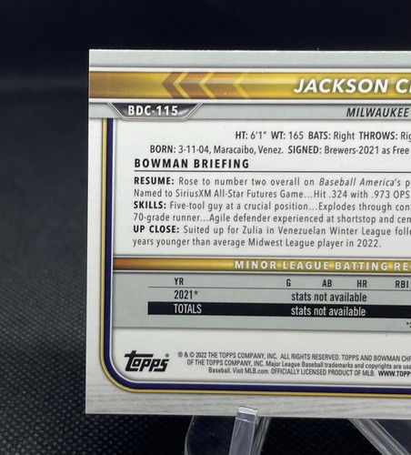 Jackson Chourio Rookie Ray Wave Refractor 2022 Bowman Chrome 1st Year 🔥 - Bild 5 von 6