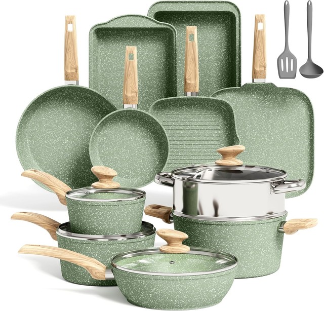 Kitchen Academy 17 Pcs Non Stick Pots and Pans Set Induction Cookware Green