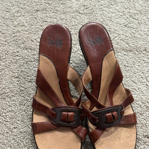 Sofft Brown Leather Kitten Heel Sandals w/ Buckle Women's Size 9.5 Open Toe - Picture 3 of 11