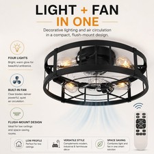 Farmhouse Ceiling Fan 20 inch Black Caged Ceiling Fans with Light,Remote Control