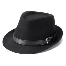 Fedora Hats for Men Women Classic Short Brim Felt One Size Leather Belt-black