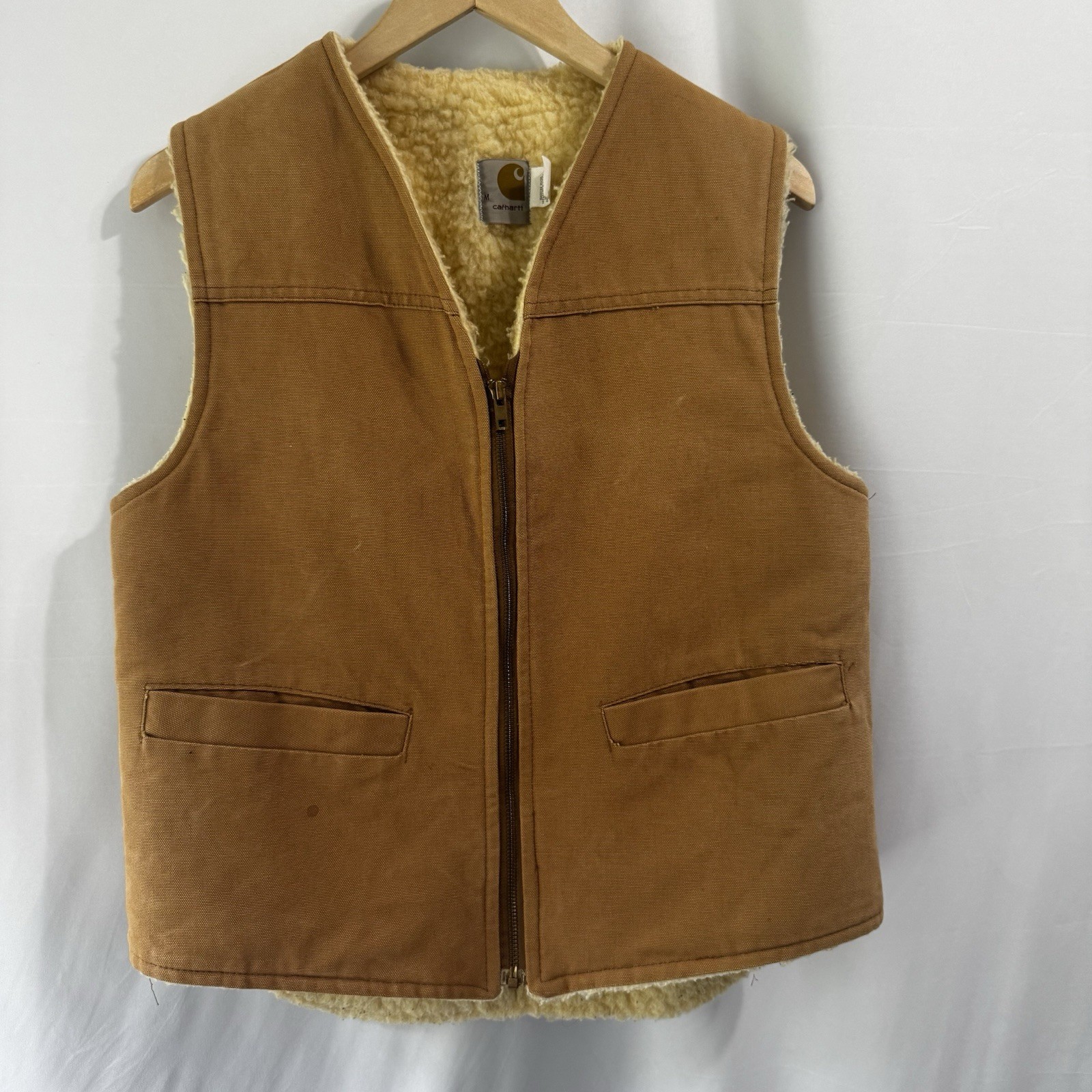 VTG Carhartt Medium Brown Sherpa-Lined Field Vest Jacket 80s 90s Rare