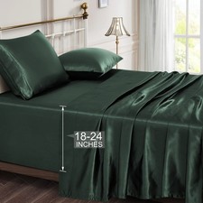 Vonty Queen Size Satin Sheets - Extra Deep Pocket, 4 Piece Set, Forest Green