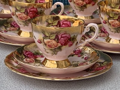 Rare Wedgwood Royal Tuscan 3239H Roses & Gold Brush Border Tea Trio Set - 1st