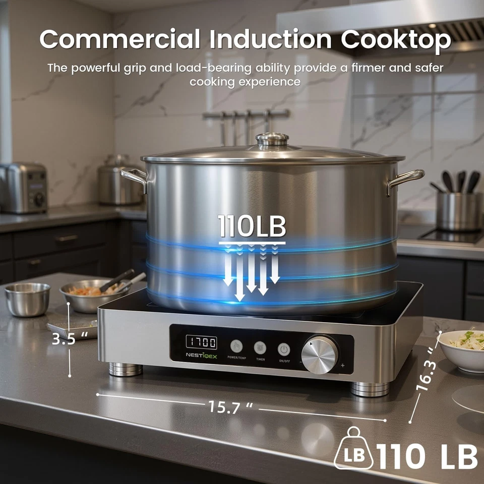 Nestiqex 1700W 120V Cocina de Inducción Comercial Grande Estufa Portátil Temporizador 24h Foto 2 de 4