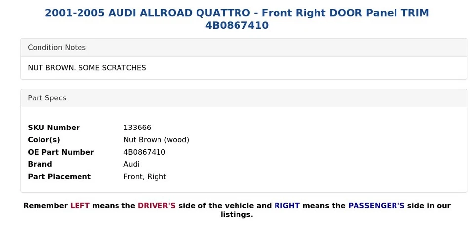 AUDI ALLROAD QUATTRO 2001-2005 - Panel puerta delantera derecha embellecedor 4B0867410 Foto 4 de 4