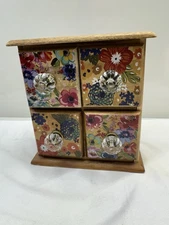 Pioneer Woman Tea Caddy Box Holder Wood Floral 4 Drawer 8x8x4