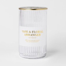 Clear Ribbed Vase with Flower Arranger