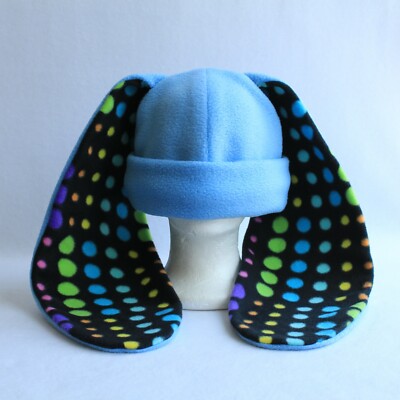 Long ear BUNNY rabbit HAT beanie BLUE & POLKA DOT rainbow VALENTINES Easter New