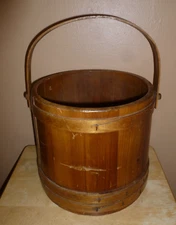 Vintage LARGE Wooden Firkin Sugar Flour Bucket Bentwood Handle 11 1/4" tall
