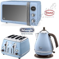 Blue Delonghi Vintage Icona Kettle & 4 Slot Toaster, 20l Retro Microwave Set Blue Delonghi Vintage Icona Kettle & 4 Slot Toaster, 20l Retro Microwave Set