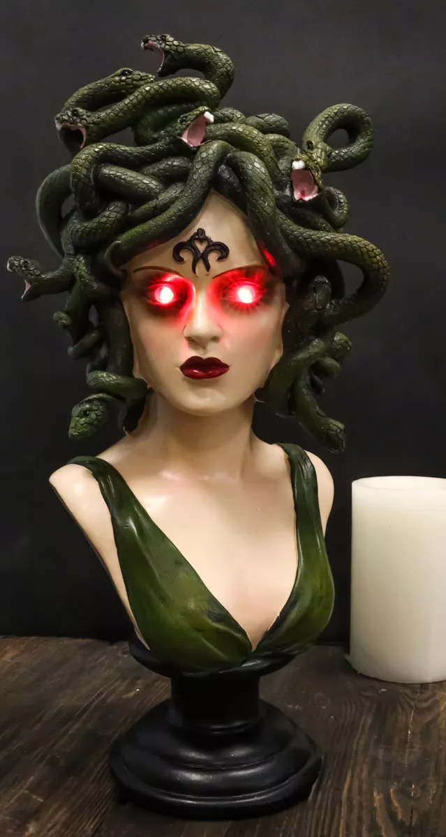 Greek Gorgon Sisters Goddess Medusa With Wild Snake Hair And LED Red Eyes  Statue