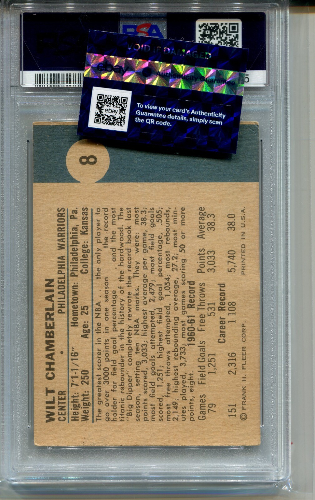 1961 Fleer Wilt Chamberlain Rookie Card PSA 4 Graded Basketball #8 view 6