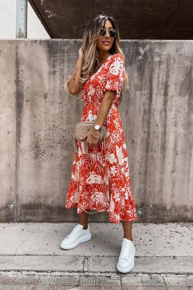 Women Boho Floral Print V Neck Short Sleeve Midi Dress Casual