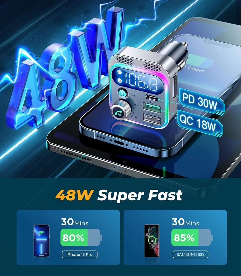 Wireless Car Bluetooth FM Transmitter 5.3 MP3 Player USB Car Charger Adapter UK - Image 3 of 4